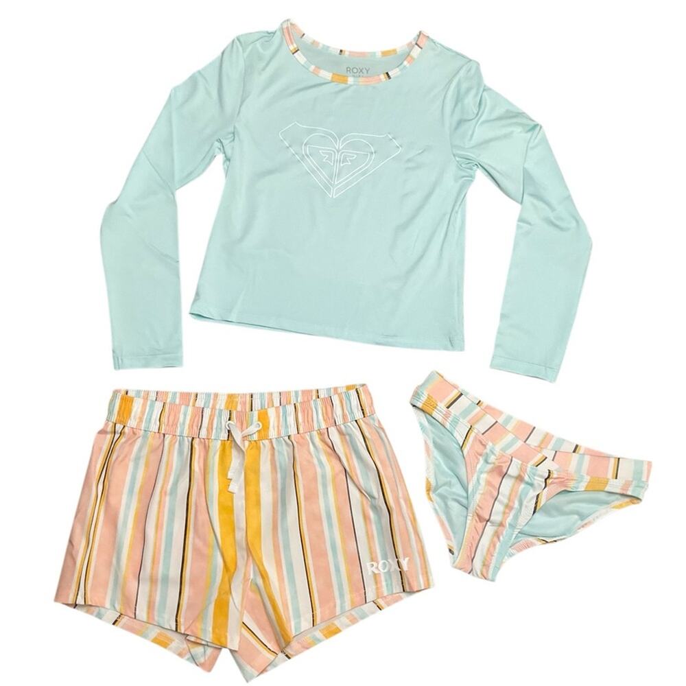 Roxy Girls Pastel Striped Swimwear 3 Piece Set Size Medium NWT